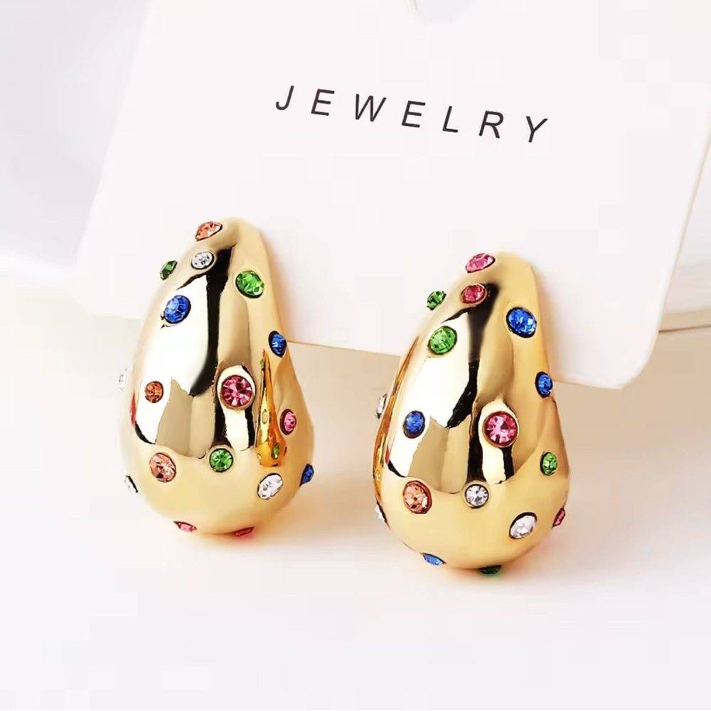 Gold Tone Teardrop Multicolor Gemstone Earrings Pierced NEW